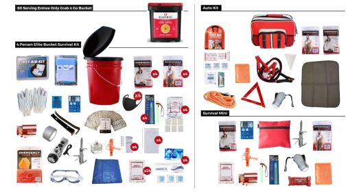 Preparedness Package for 4 Persons: Food for 1-week; Grab 'n Go Food Bucket, Auto Kit, First Aid Kit, Elite Kit. 25 years. Preparedness Package for 4 Persons: Food for 1-week; Grab 'n Go Food Bucket, Auto Kit, First Aid Kit, Elite Kit. 25 years.