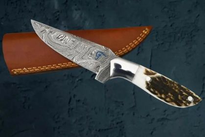 Damascus Steel Outdoor Knife with Antler Handle and Sheath. Rocky Knife by Faneema Cutlery. Damascus Steel Outdoor Knife with Antler Handle and Sheath. Rocky Knife by Faneema Cutlery.